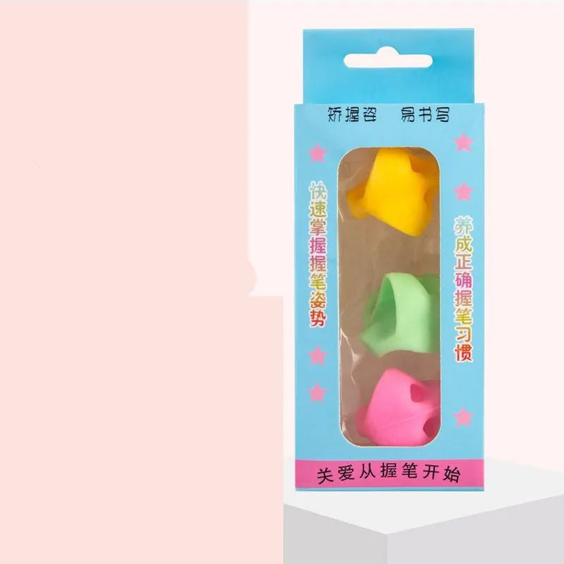 Silicone pencil grip with finger guides for child's thumb, index, and middle finger in tripod position.