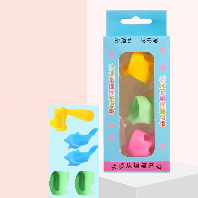 Silicone pencil grip with finger guides for child's thumb, index, and middle finger in tripod position.