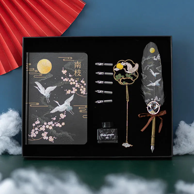 Chinese style metal feather pen set with four colour variations and notebook