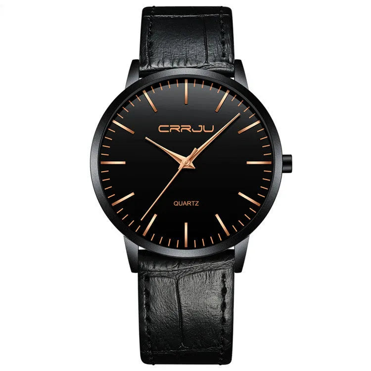 Casual quartz watch with alloy case, plexiglass mirror, mesh or leather strap, black gold or white face, 30M water resistant.