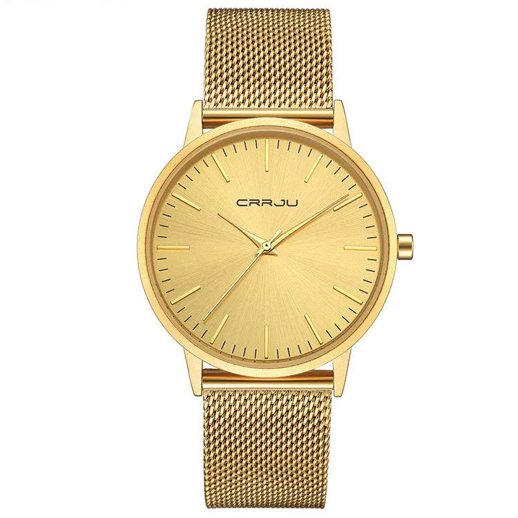 Casual quartz watch with alloy case, plexiglass mirror, mesh or leather strap, black gold or white face, 30M water resistant.