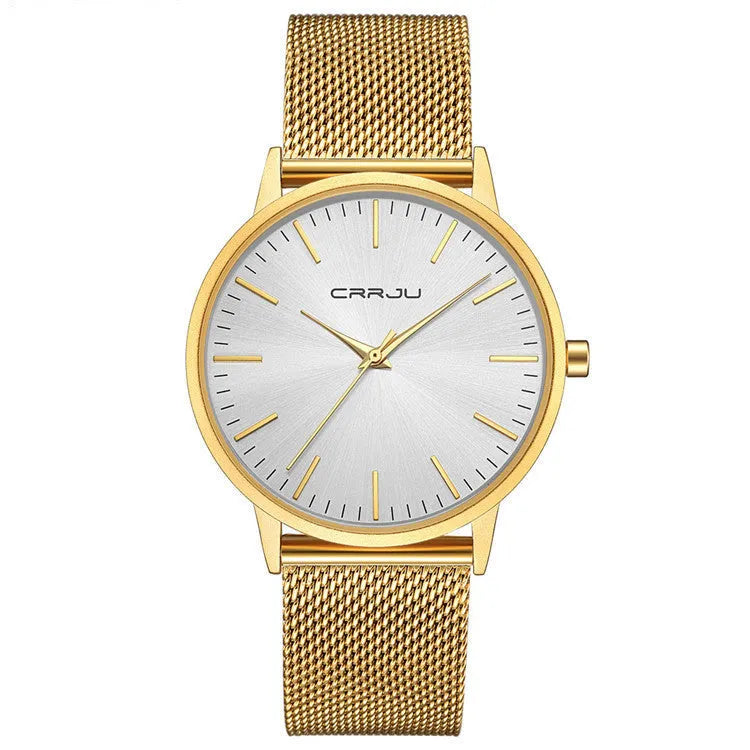 Casual quartz watch with alloy case, plexiglass mirror, mesh or leather strap, black gold or white face, 30M water resistant.