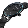 Casual quartz watch with alloy case, plexiglass mirror, mesh or leather strap, black gold or white face, 30M water resistant.