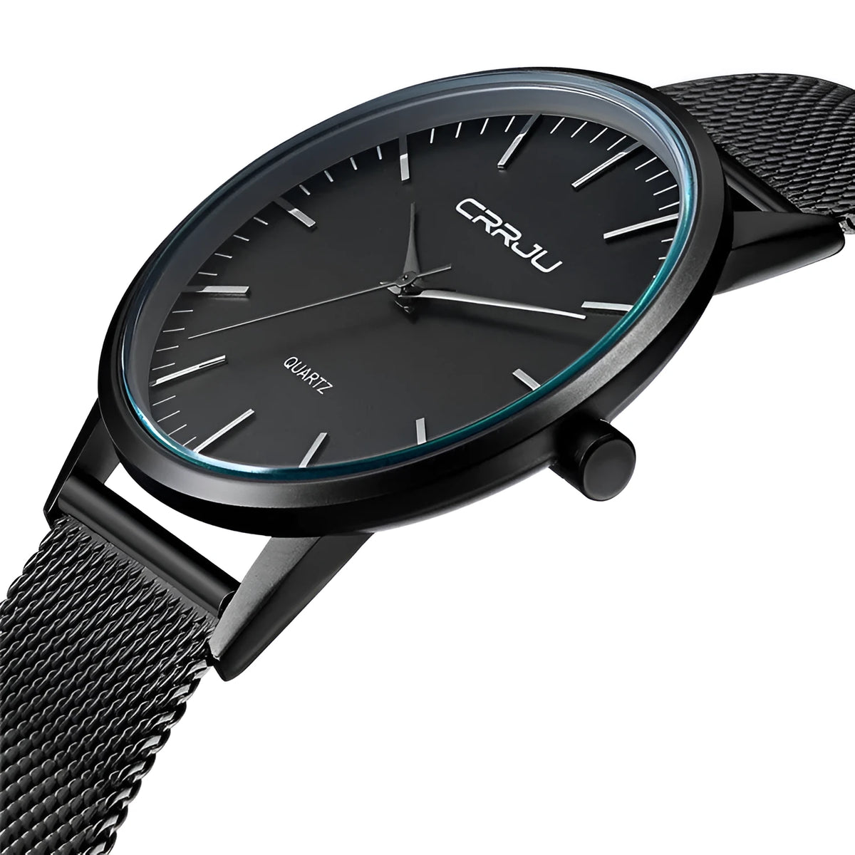 Casual quartz watch with alloy case, plexiglass mirror, mesh or leather strap, black gold or white face, 30M water resistant.