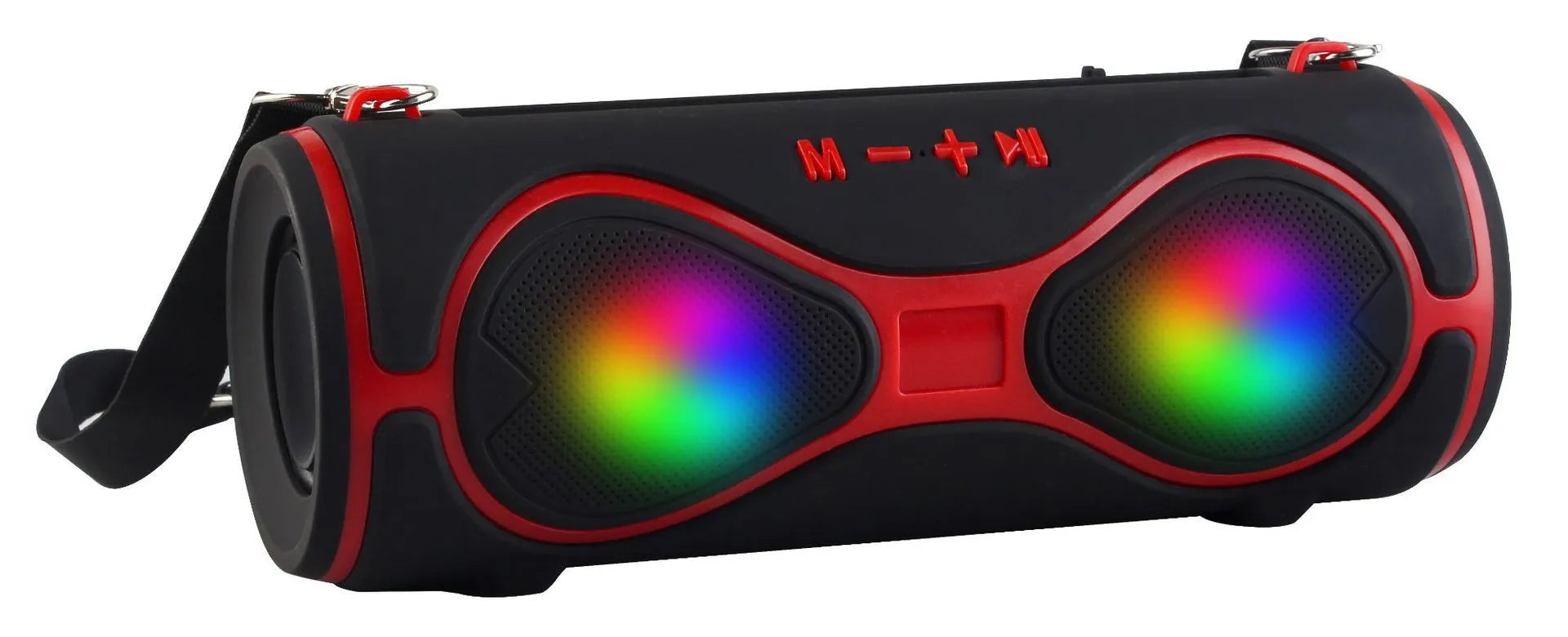 Multifunctional portable Bluetooth speaker lantern with carrying strap in black, blue, orange, red, and silver grey colours.