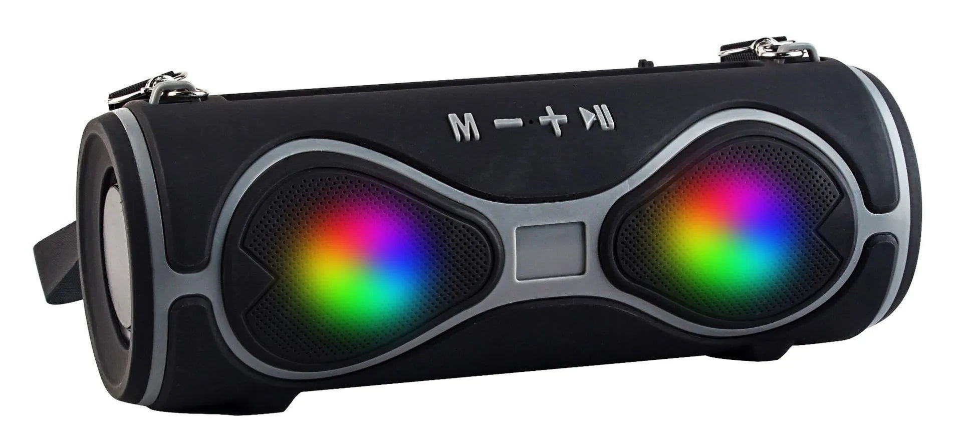 Multifunctional portable Bluetooth speaker lantern with carrying strap in black, blue, orange, red, and silver grey colours.