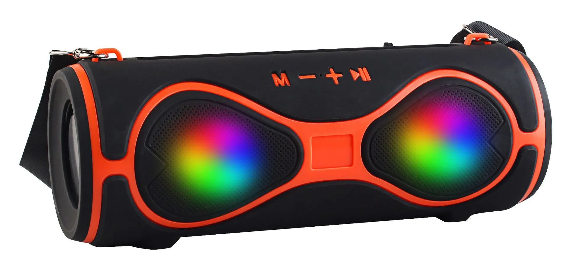 Multifunctional portable Bluetooth speaker lantern with carrying strap in black, blue, orange, red, and silver grey colours.