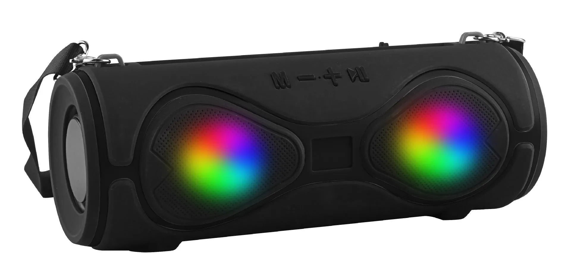 Multifunctional portable Bluetooth speaker lantern with carrying strap in black, blue, orange, red, and silver grey colours.
