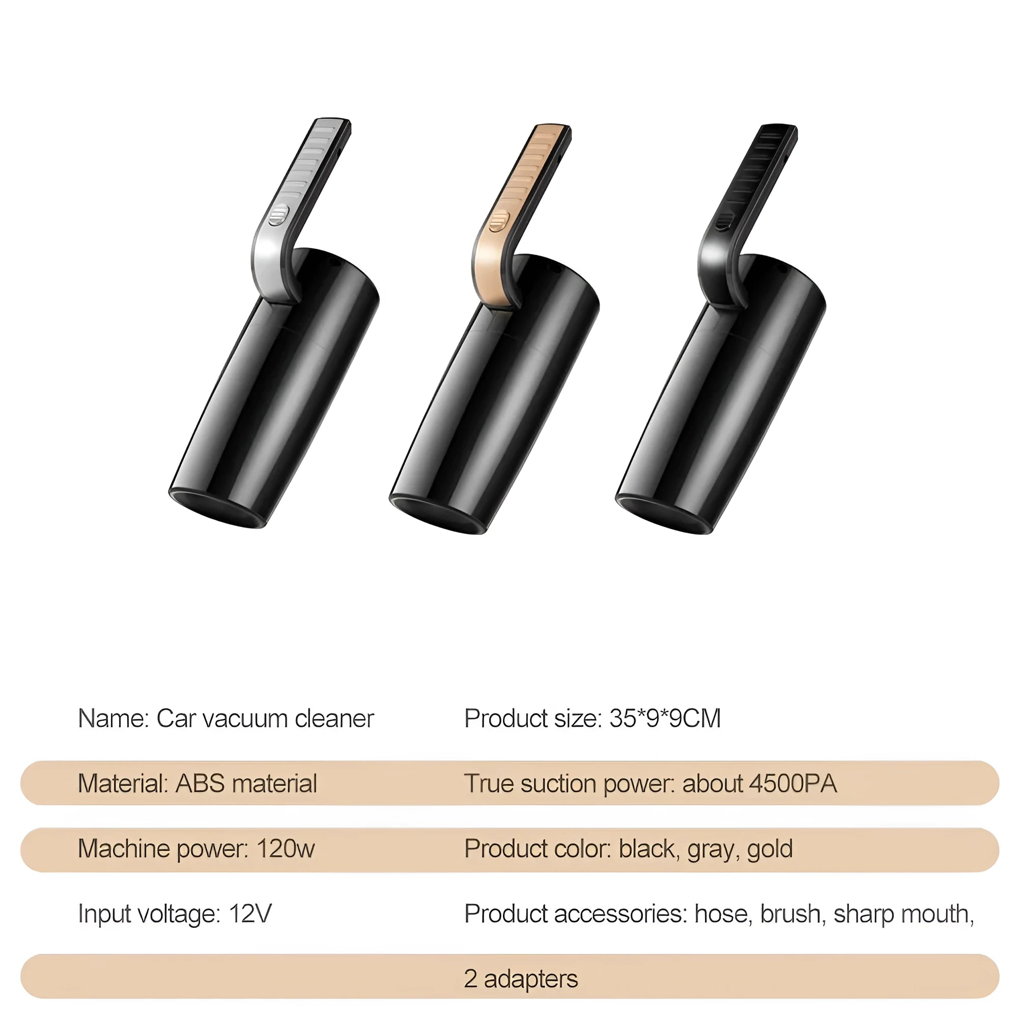 Portable car vacuum cleaner 120W strong suction handheld wet and dry ABS material black golden silver