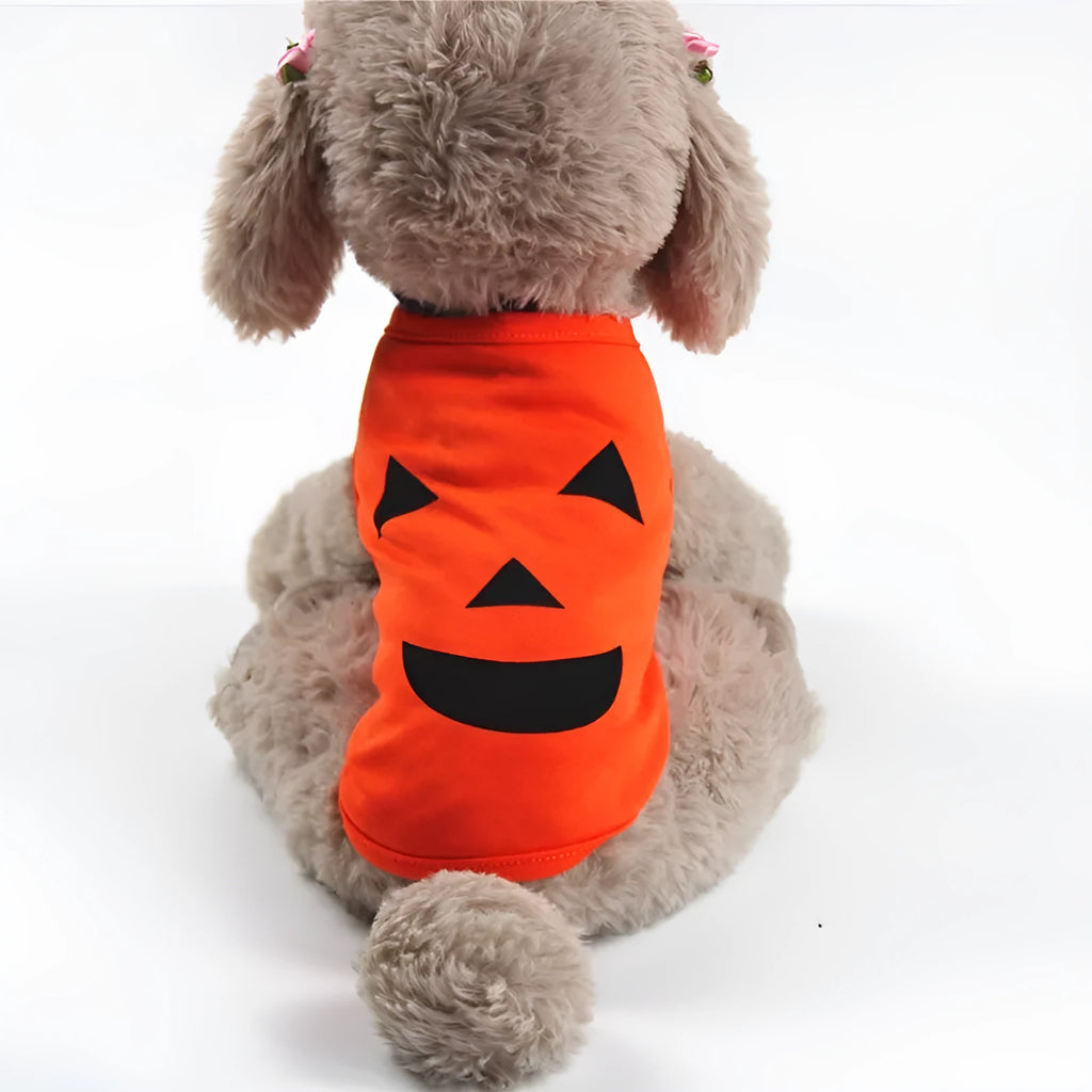 Orange Halloween pet pumpkin clothes costume shirt for cats and small to medium dogs, Grimace or Smiley style