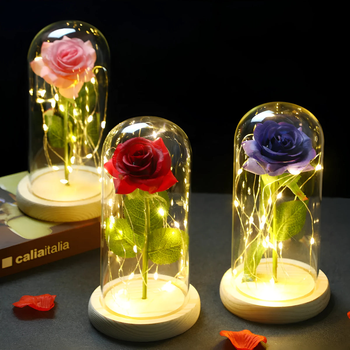Glass shade rose lamp with preserved rose bouquet, silk flower, manual craft, available in multiple colours and base options