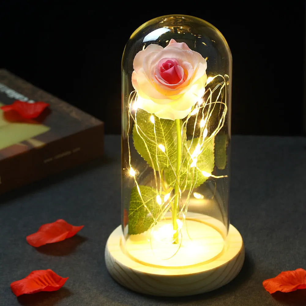 Glass shade rose lamp with preserved rose bouquet, silk flower, manual craft, available in multiple colours and base options