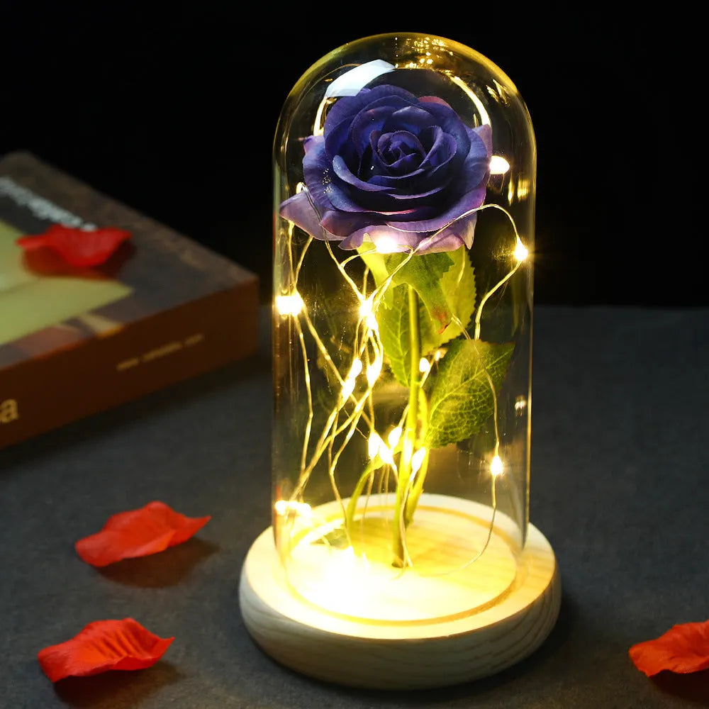 Glass shade rose lamp with preserved rose bouquet, silk flower, manual craft, available in multiple colours and base options
