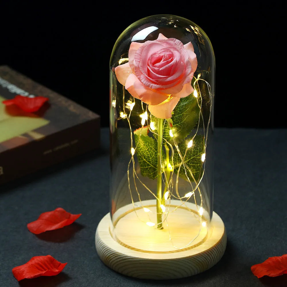 Glass shade rose lamp with preserved rose bouquet, silk flower, manual craft, available in multiple colours and base options