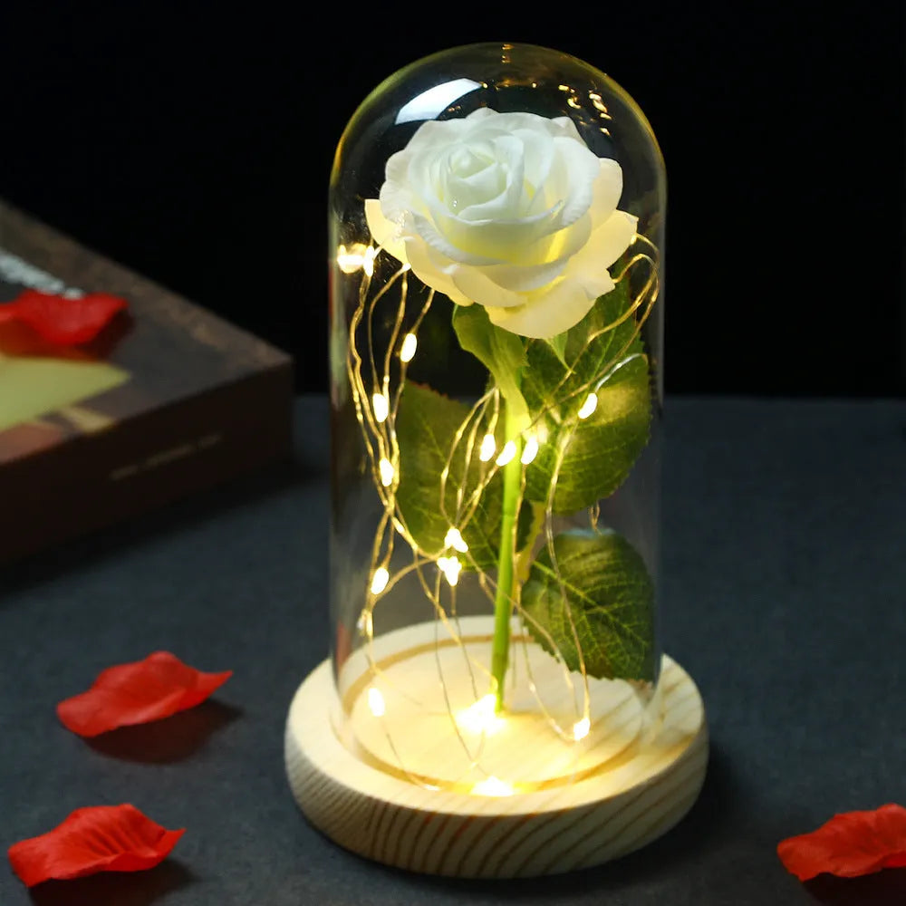 Glass shade rose lamp with preserved rose bouquet, silk flower, manual craft, available in multiple colours and base options