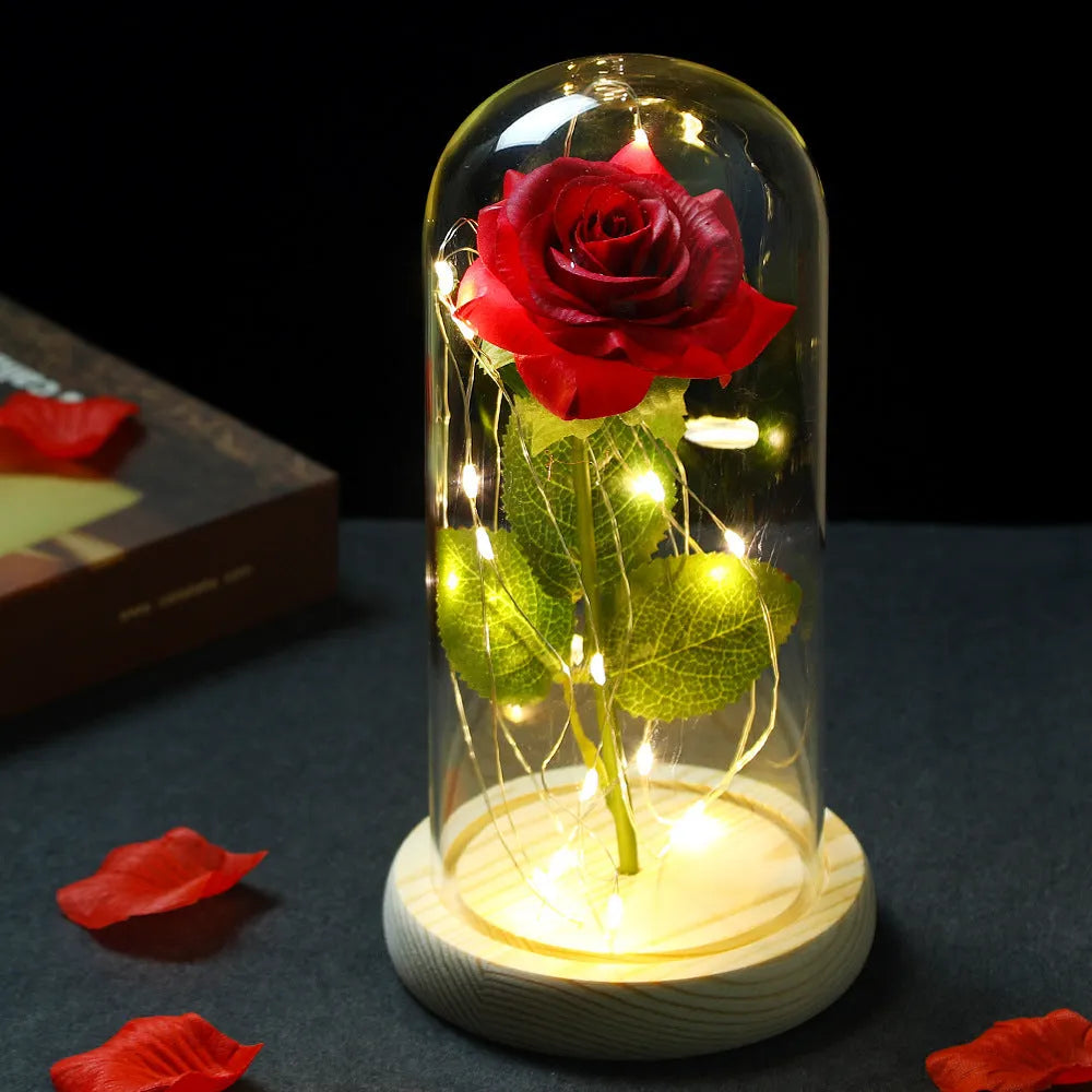 Glass shade rose lamp with preserved rose bouquet, silk flower, manual craft, available in multiple colours and base options