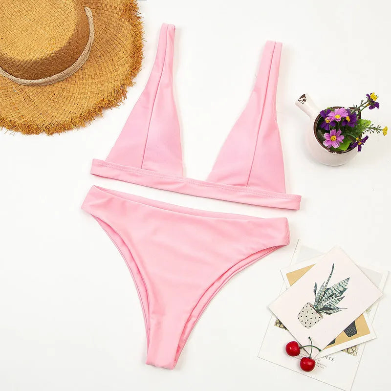 Women's deep V high waist two piece Brazilian swimsuit in solid colour nylon with chest pad