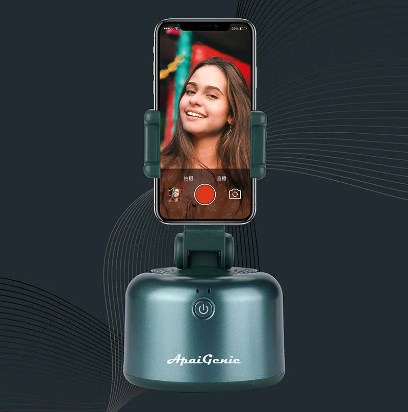 360 Smart Follow-Up PTZ AI Genie 2 mobile phone stabilizer in black showing PTZ head and phone clamp