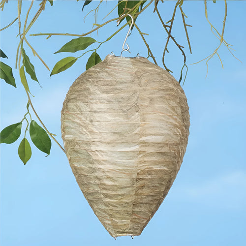 Gold beehive shaped paper lantern with honeycomb texture, shown hanging.