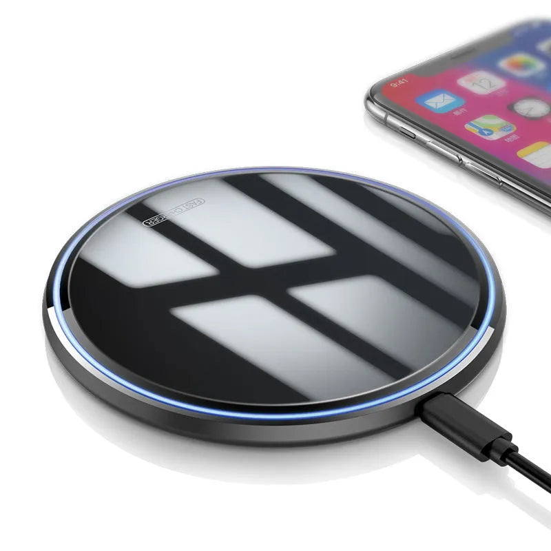 10W mirror wireless charger fast charge pad black colour box 101x101x6.8mm tempered glass surface