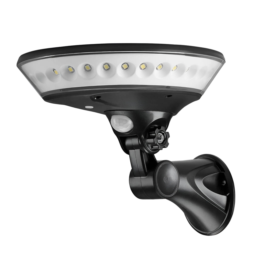 White 360-degree solar-powered garden light with motion sensor on a stake.