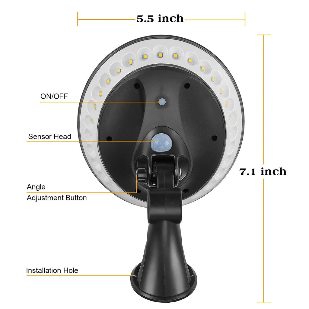 White 360-degree solar-powered garden light with motion sensor on a stake.