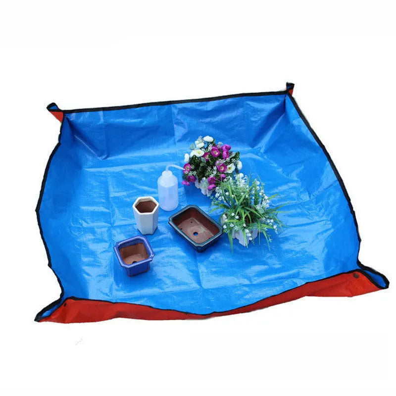 Succulent gardening tools set with blue and orange seedling cloth, mini rake, tweezers, and spray bottle