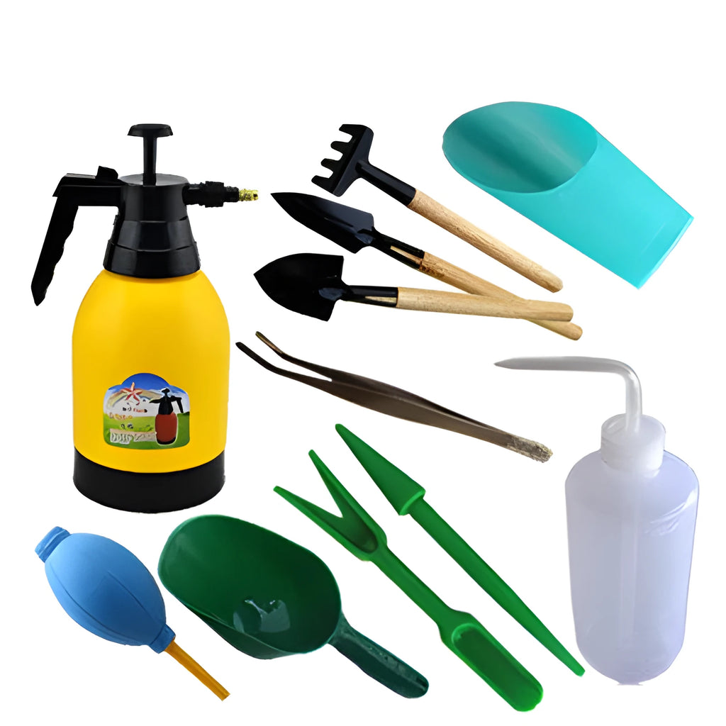 Succulent gardening tools set with tweezers, mini shovel, rake, spray bottle, seed sprouter, and blue seedling cloth.