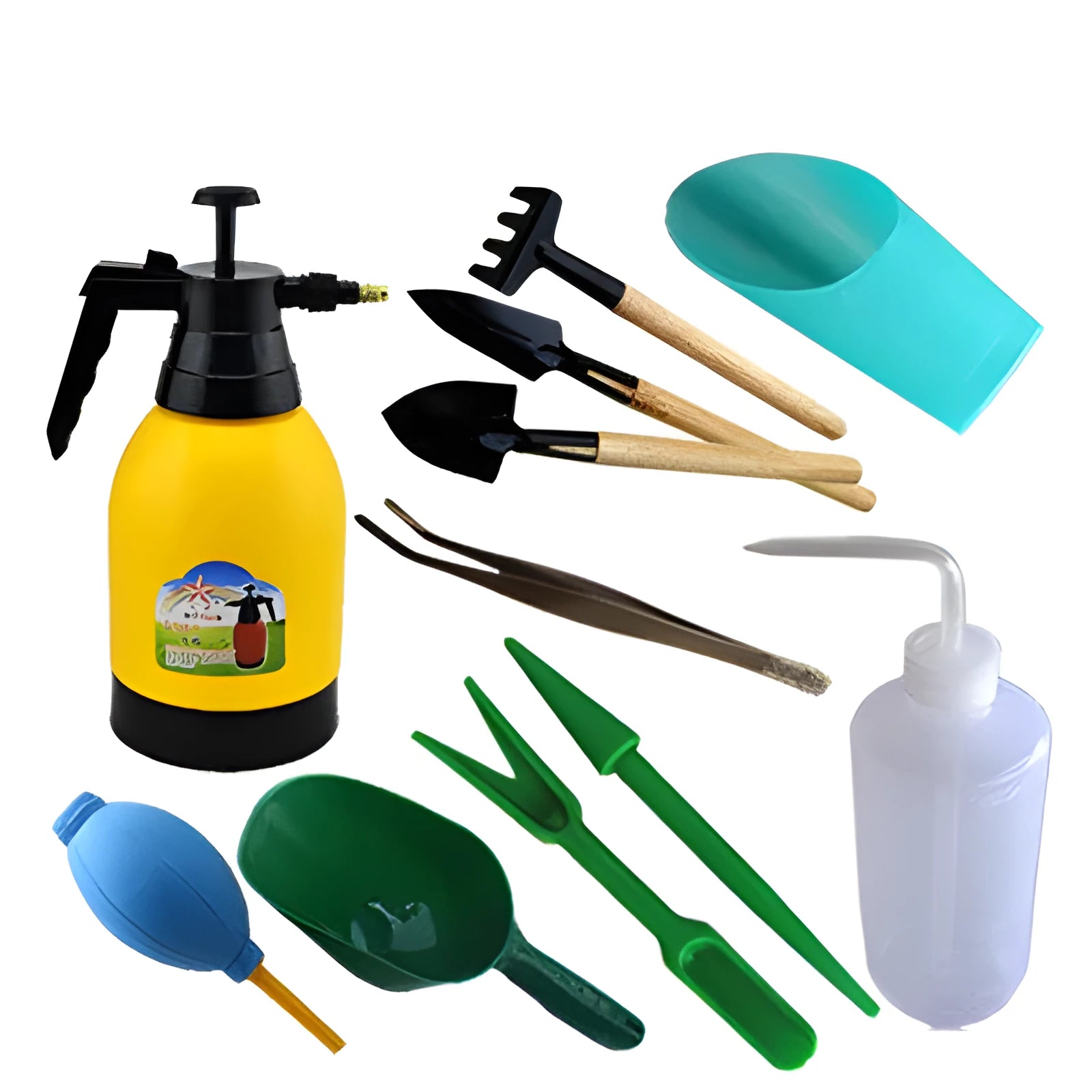 Succulent gardening tools set with tweezers, mini shovel, rake, spray bottle, seed sprouter, and blue seedling cloth.