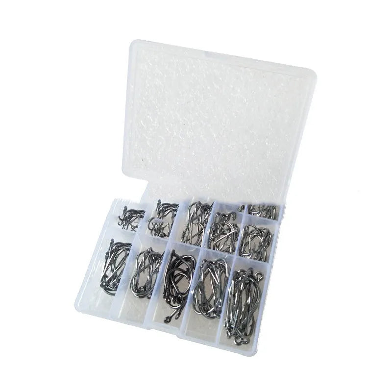 Boxed fish hook set with 100 Ise Ni barbed hooks in sizes 3-12