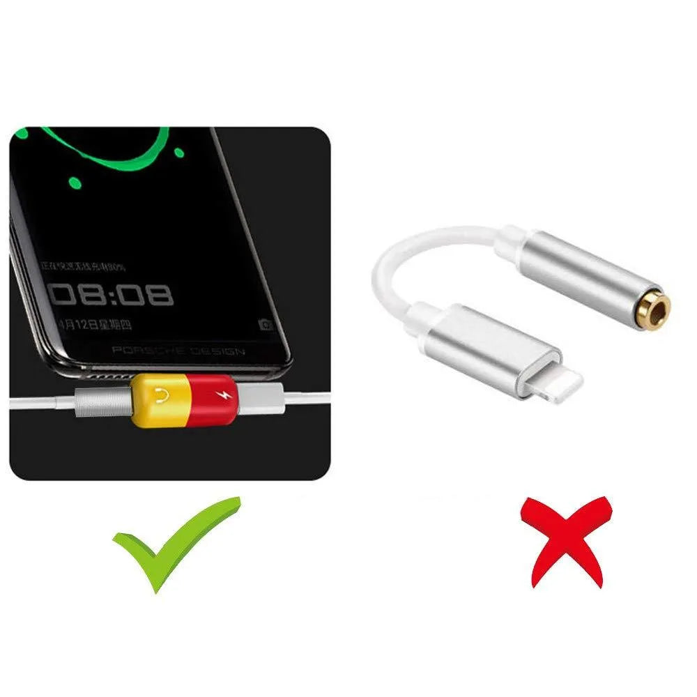 Blue and yellow 2-in-1 charging and audio adapter case for Huawei phones showing split connector.