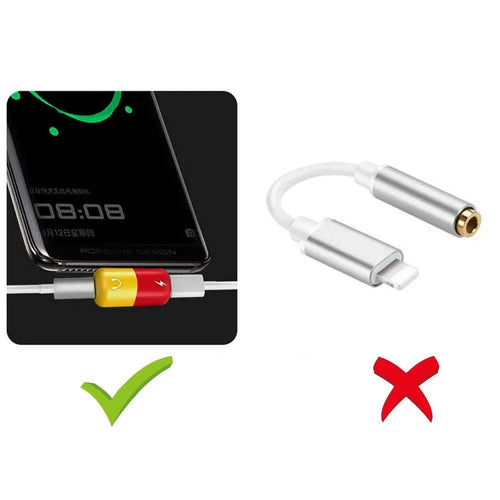 Blue and yellow 2-in-1 charging and audio adapter case for Huawei phones showing split connector.