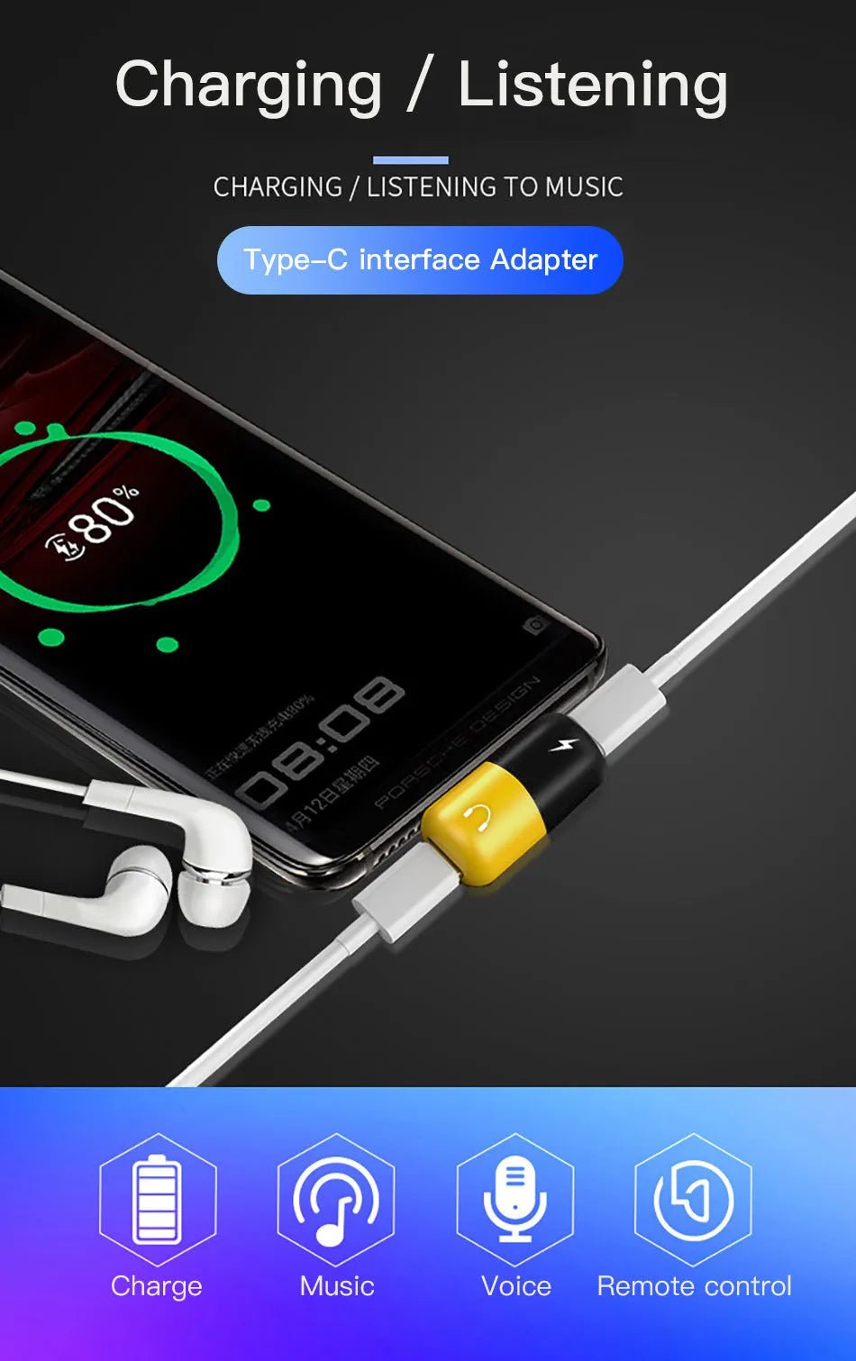 Blue and yellow 2-in-1 charging and audio adapter case for Huawei phones showing split connector.