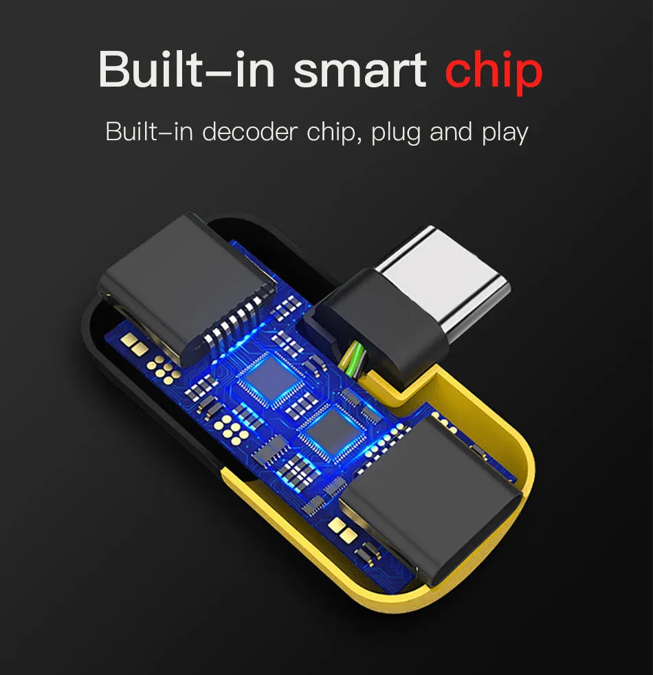 Blue and yellow 2-in-1 charging and audio adapter case for Huawei phones showing split connector.