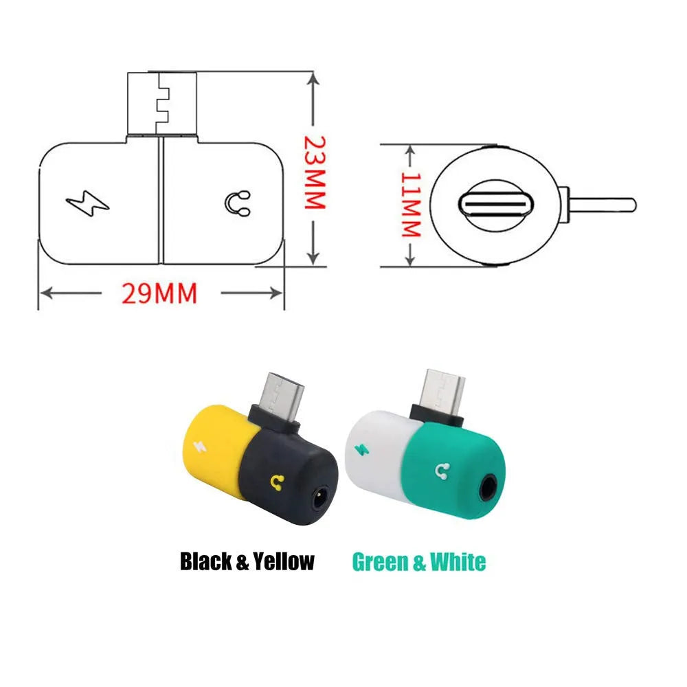 Blue and yellow 2-in-1 charging and audio adapter case for Huawei phones showing split connector.