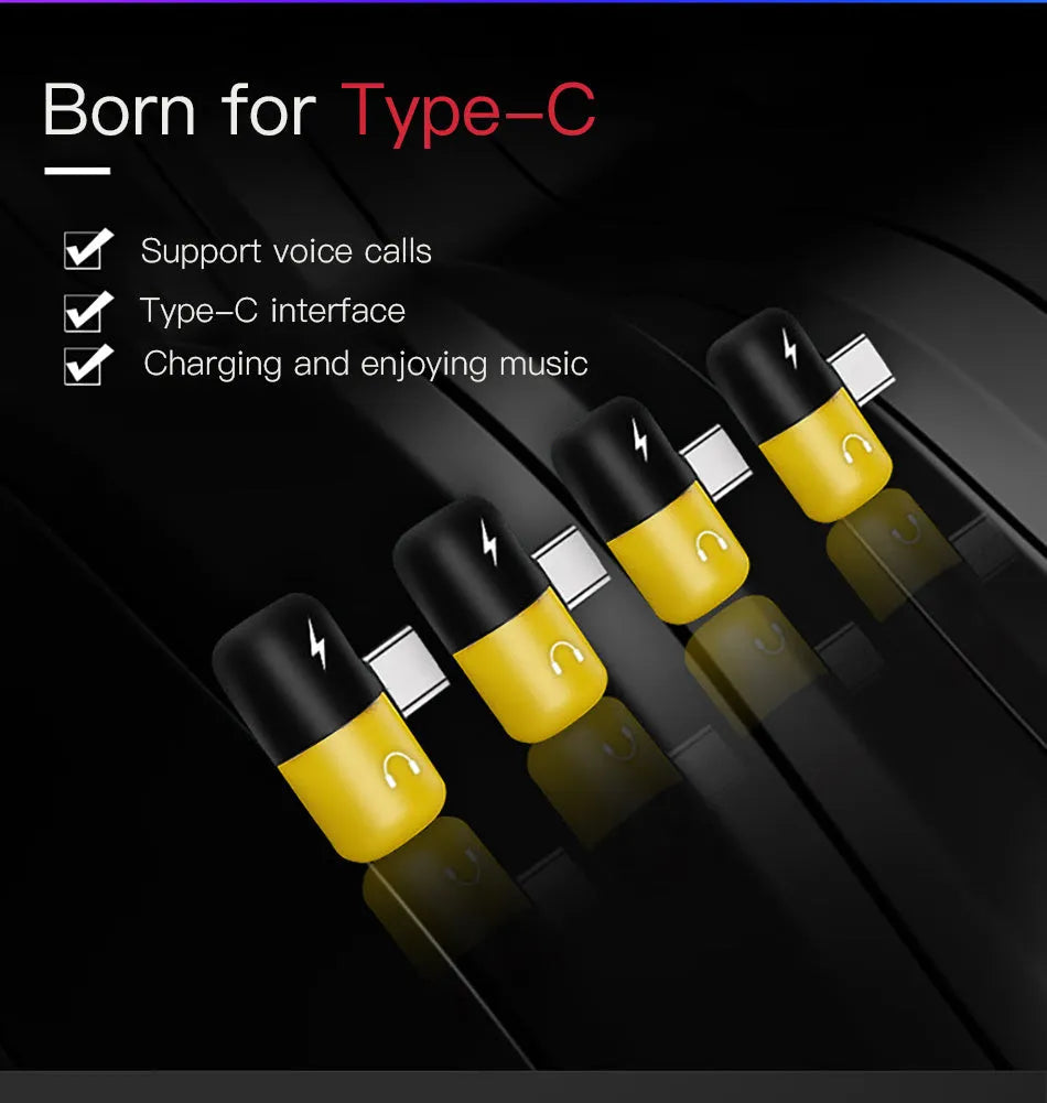 Blue and yellow 2-in-1 charging and audio adapter case for Huawei phones showing split connector.