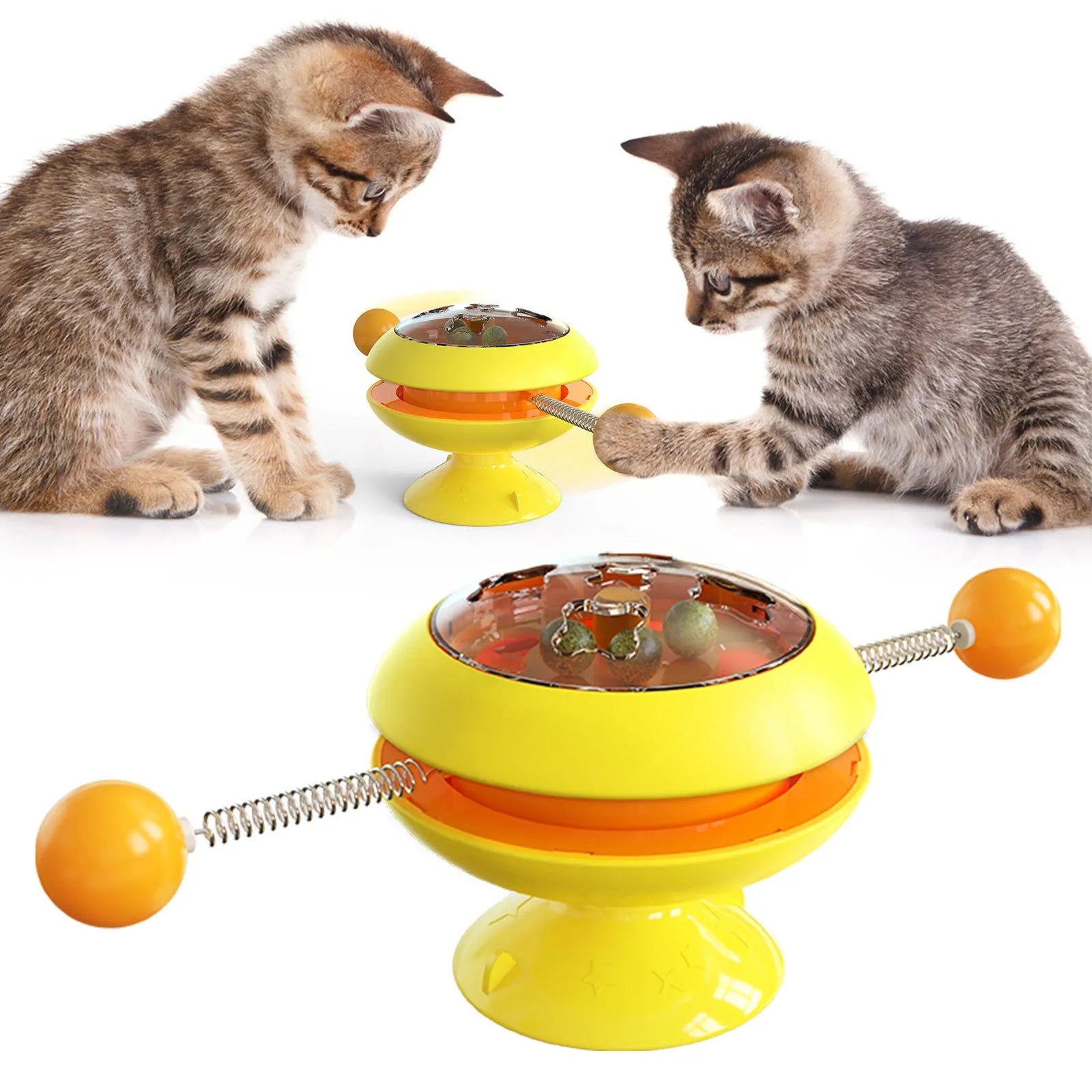 Rotatable interactive cat toy with transparent top showing catnip balls, on a suction cup base.