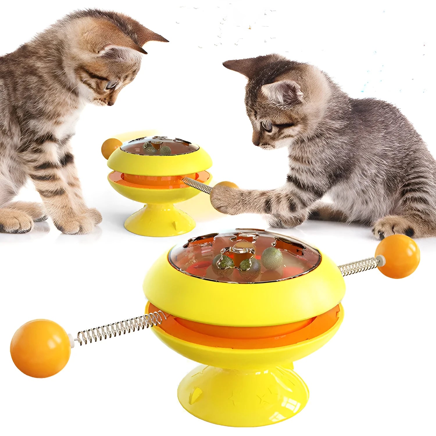 Rotatable cat toy with suction cup base and transparent dome containing catnip balls, in a choice of colours.
