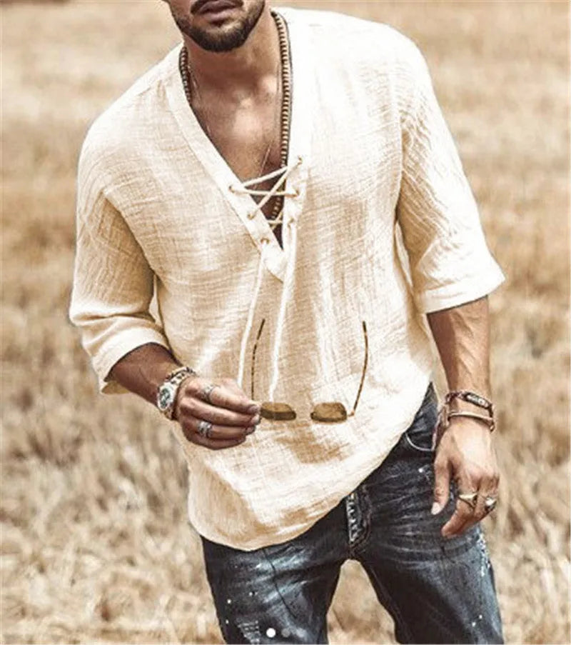 Men's V-neck casual t-shirt with chest straps and eyelets shown in apricot colour
