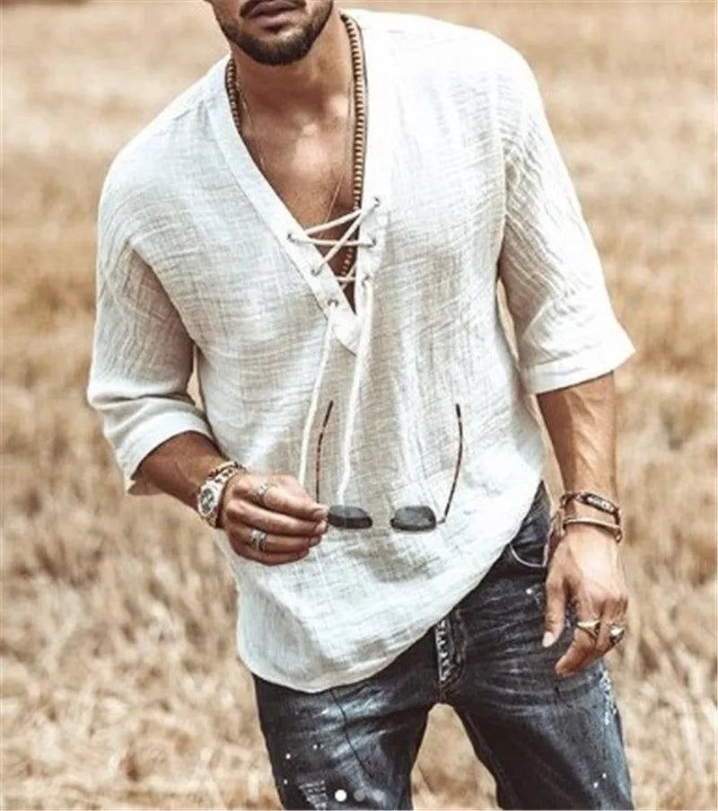 Men's V-neck casual t-shirt with chest straps and eyelets shown in apricot colour