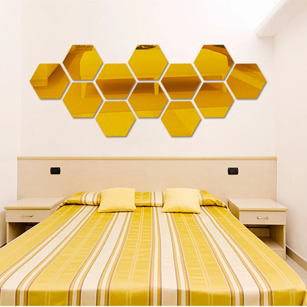Hexagonal silver PS mirror wall sticker on a wall surface close up