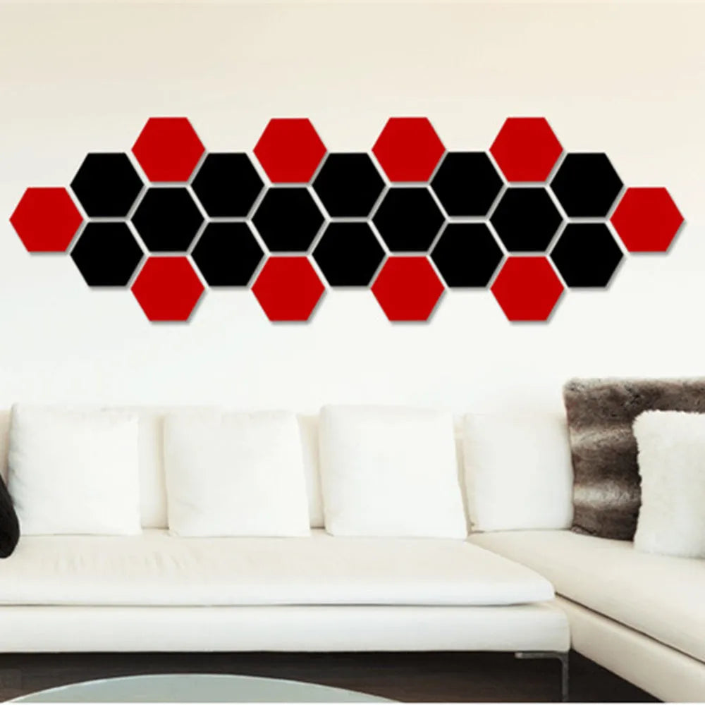 Hexagonal silver PS mirror wall sticker on a wall surface close up
