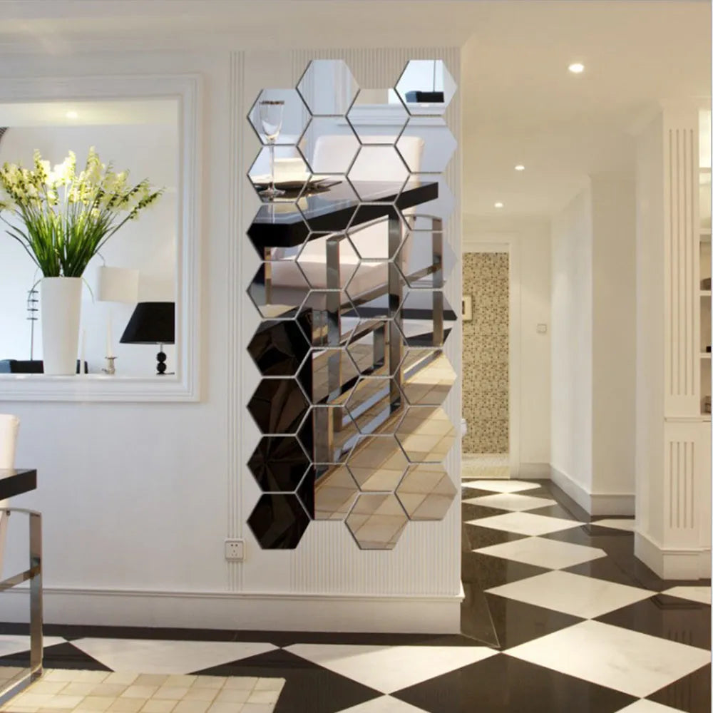 Hexagonal silver PS mirror wall sticker on a wall surface close up