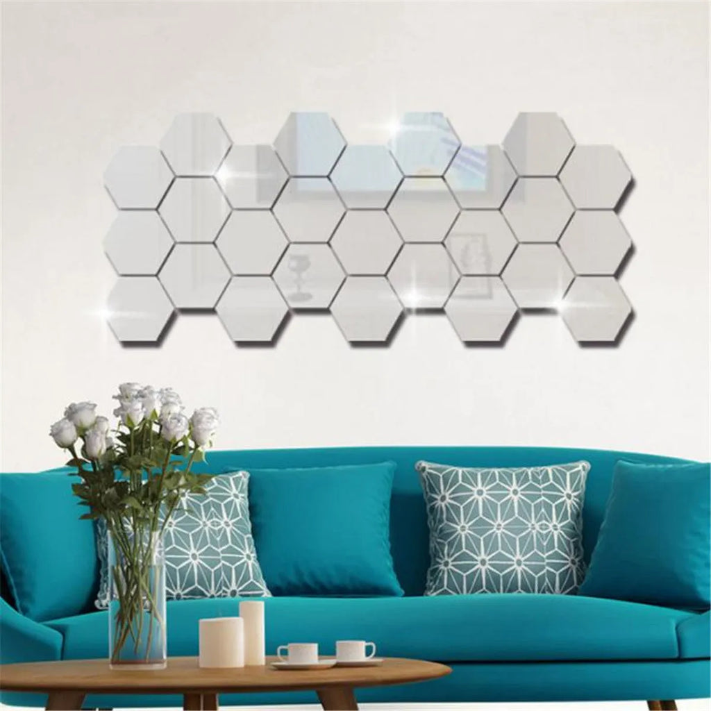 Hexagonal silver PS mirror wall sticker on a wall surface close up