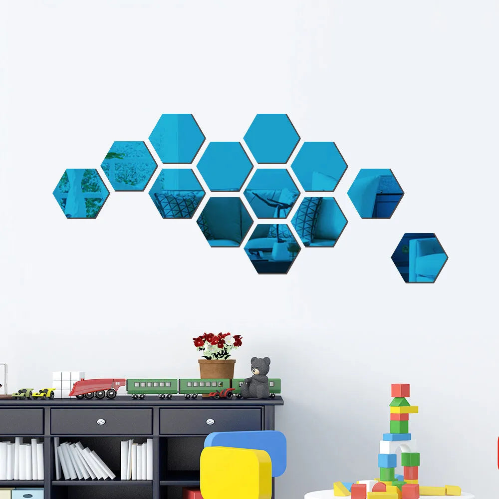 Hexagonal silver PS mirror wall sticker on a wall surface close up