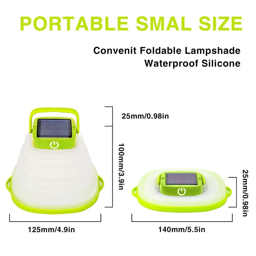 Collapsible camping lantern in Black or Green with solar panel, USB charging, 160lm warm white light, IP68 rating, and 2.5cm folded thickness