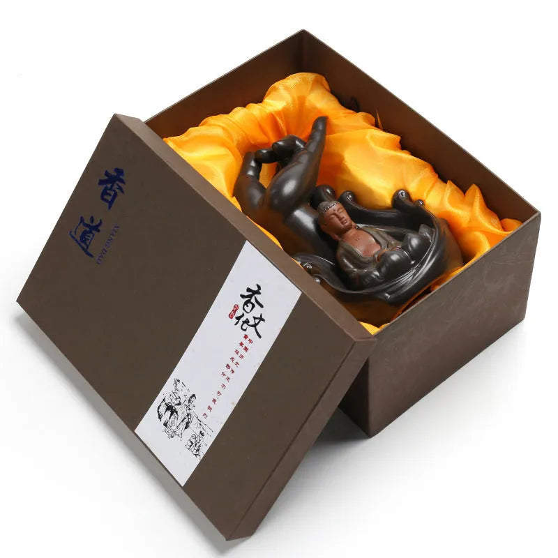 Ceramic lotus bergamot backflow incense burner with Guanyin Tathagata ornament in tea colour finish