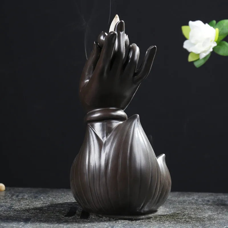 Ceramic lotus bergamot backflow incense burner with Guanyin Tathagata ornament in tea colour finish