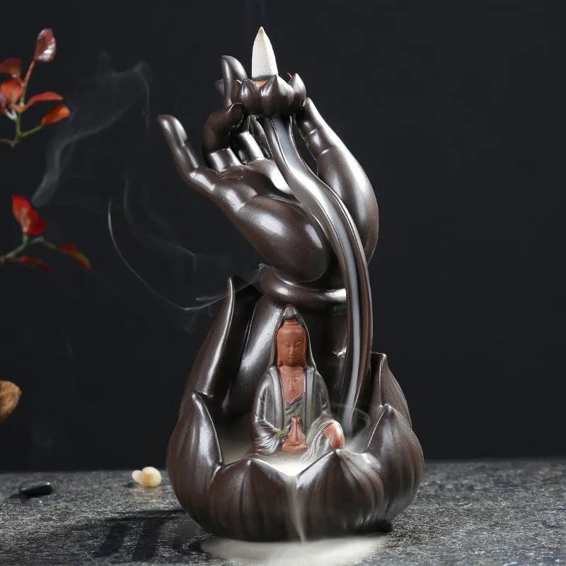 Ceramic lotus bergamot backflow incense burner with Guanyin Tathagata ornament in tea colour finish