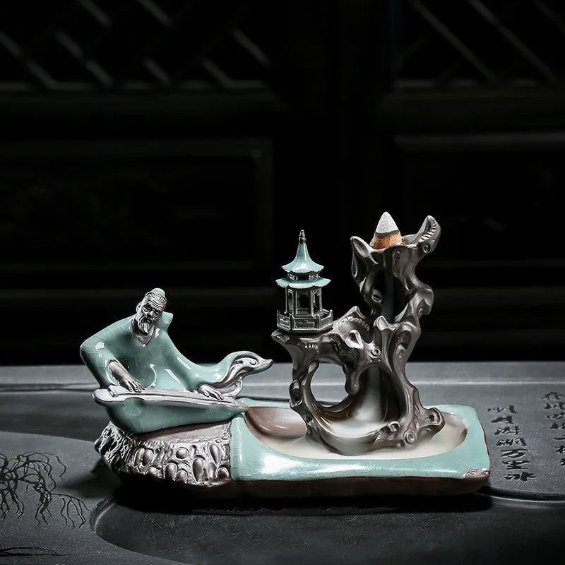 Ge Kiln ceramic backflow incense burner with incense seat on wooden tea table